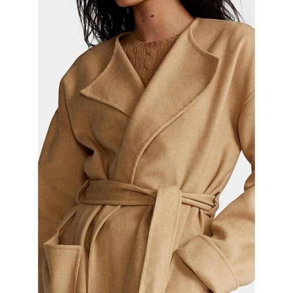 Ralph Lauren Belted Wrap Wool Long Coat Camel Women's L Double Face Pockets Tan - Picture 3 of 14